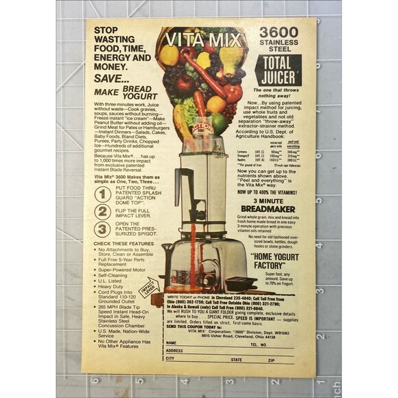 Vita Mix Total Juicer "Stop Wasting Food Time Energy & Money" Vtg Print Ad 1982 - Picture 2 of 3